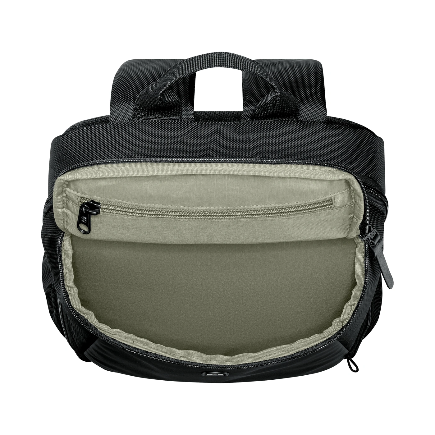 An open black backpack with a light interior lining and zippers.