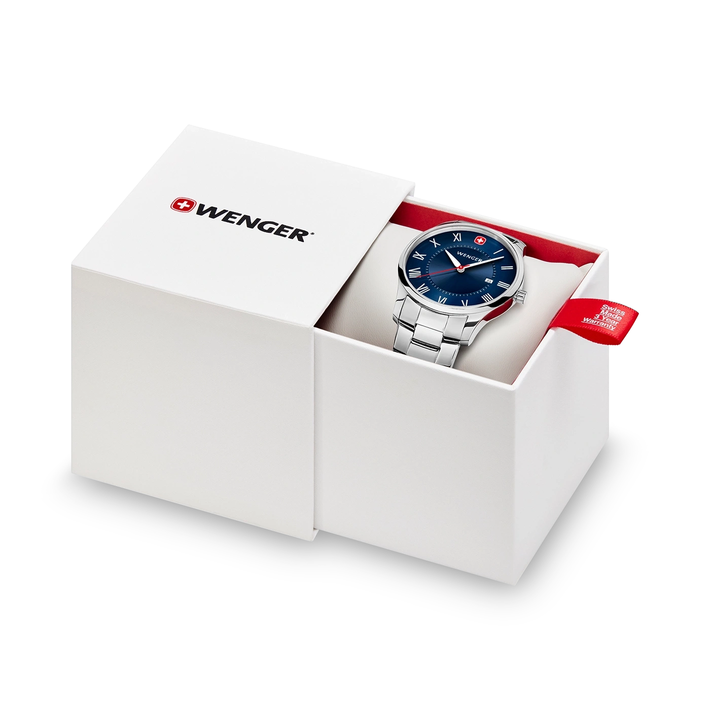 Wenger watch in a white box with red lining and logo, product shot