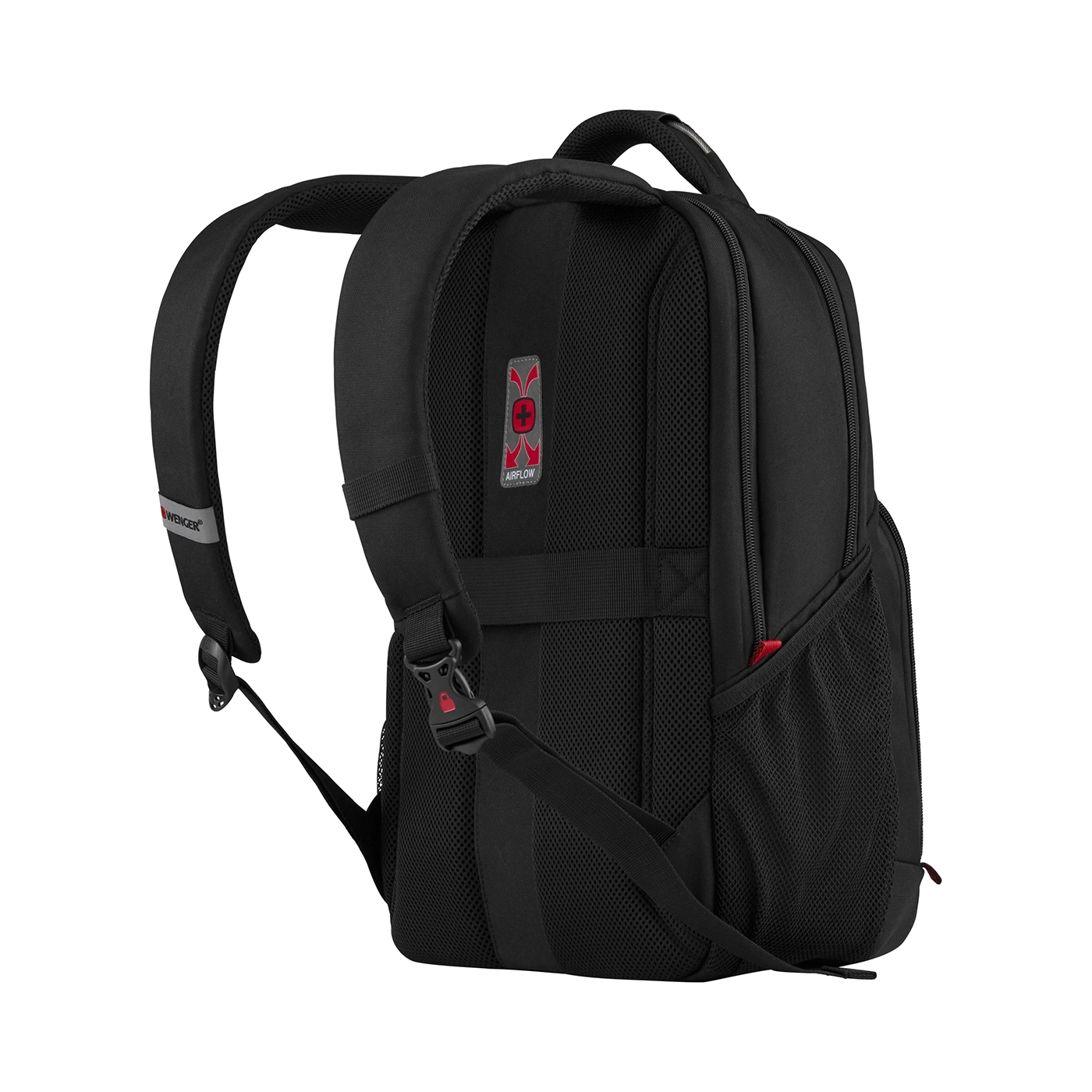Black backpack with Airflow system and Wenger logo, detailed view