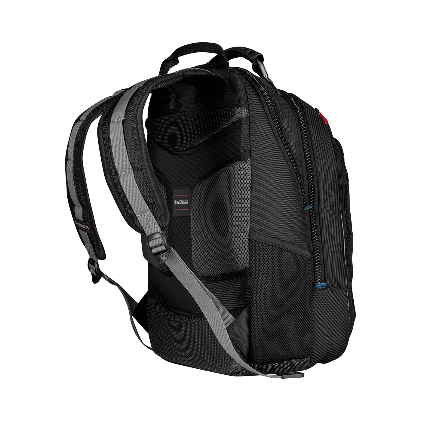 Black backpack with gray details and the Wenger logo on a black background.