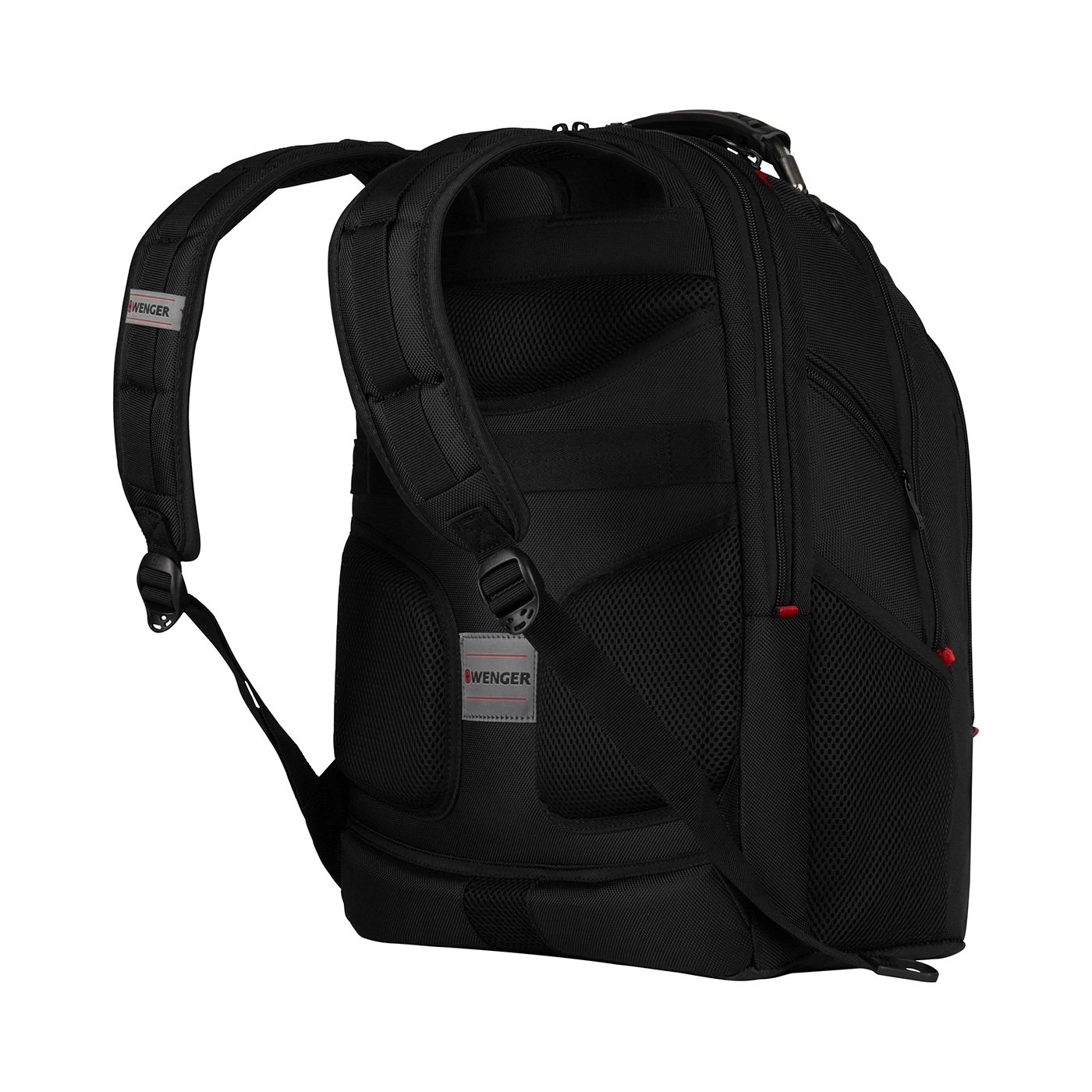 Black Wenger backpack with padded straps and mesh inserts, perfect for travel.